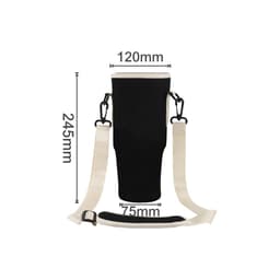 A drink bottle carrier bag in black with a removable strap and dimensions displayed prominently.