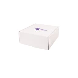 A large white shipper box with a logo printed on the lid.