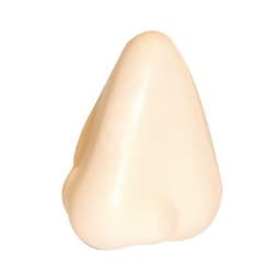 A cream-coloured stress reliever shaped like a nose, featuring a smooth and rounded design. It includes a branding logo.