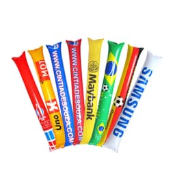 Inflatable Bang Bang Sticks in various colours including red, blue, yellow, and green, with logos on the sticks.