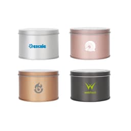 Four medium tins with transparent windows, featuring silver, rose gold, copper, and black finishes. Each tin has a logo.