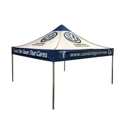 A 3x3m marquee with a blue and white colour scheme, featuring a logo on the top and sides.