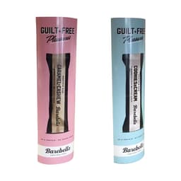 Two cylindrical cardboard displays in pink and blue, featuring a logo, showcasing snack bars inside.