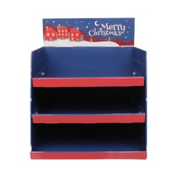 A three-tier counter display in blue and red, featuring a festive Christmas design at the top with a logo.