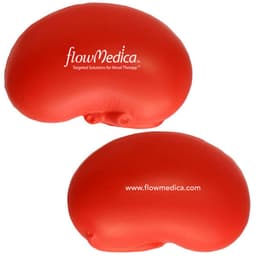 A red kidney-shaped stress reliever with a logo, designed for fun and stress relief.
