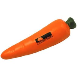 An orange carrot-shaped stress reliever with a green top, featuring a logo.