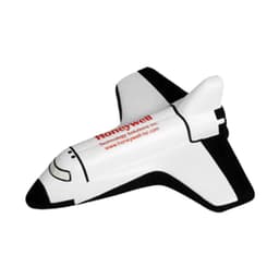 A shuttle-shaped stress reliever in white and black, featuring a logo on its side.