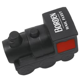 A black and red locomotive-shaped stress reliever, featuring a logo on one side.