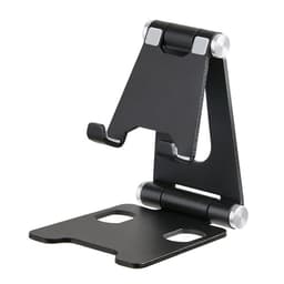A black desktop stand holder for cell phones and tablets, featuring a sleek design with metal accents.