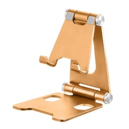 A gold desktop cell phone and tablet stand holder with a sleek, modern design and adjustable angle.