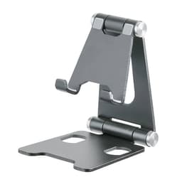 A black desktop cell phone and tablet stand holder with a sleek, adjustable design and metallic accents.