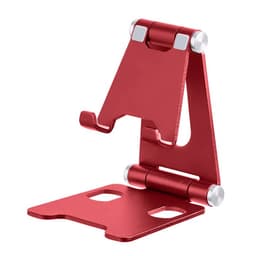 A red desktop cell phone and tablet stand holder with adjustable angles and a sturdy base. It features silver accents.
