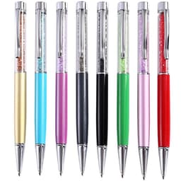 A set of Dynamic Crystal Pens in various colours, featuring a shiny finish and a decorative compartment filled with crystals.