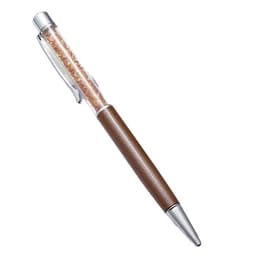 A brown ballpoint pen with a clear body and shiny silver accents, featuring a branding logo.