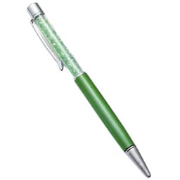 A green ballpoint pen with a transparent body filled with decorative beads and a silver clip and tip.