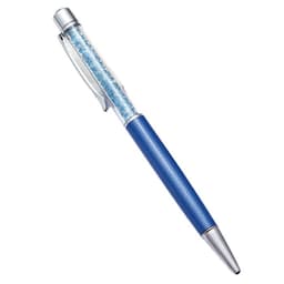 A blue ballpoint pen with a clear, sparkly section and silver accents, featuring a logo on the barrel.