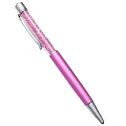 A pink ballpoint pen with a sparkling glitter barrel and a silver clip, featuring a logo on the side.