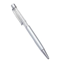 A silver ballpoint pen with a crystal-filled transparent barrel and a metal tip. It features a logo on the clip.