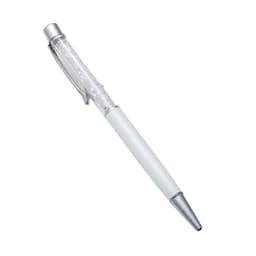 A white ballpoint pen with a transparent barrel containing dynamic crystal elements and silver accents.