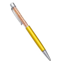A yellow ballpoint pen with a transparent barrel containing decorative elements, featuring a chrome clip and tip.