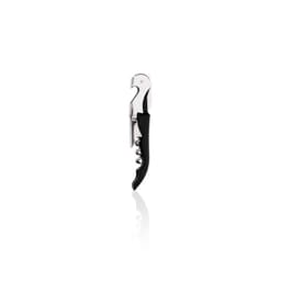 A metal wine opener featuring a silver finish with a black handle, designed for easy cork removal.
