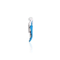 A metal wine opener with a blue handle and silver corkscrew design, featuring a branding logo.