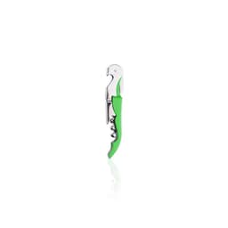 A metallic wine opener with a vibrant green handle, featuring a spiral corkscrew and a logo.