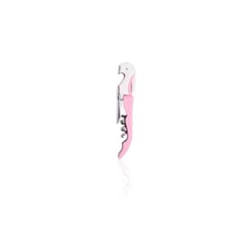 A metal wine opener featuring a pink handle and a stainless steel corkscrew. Includes a small branding logo.