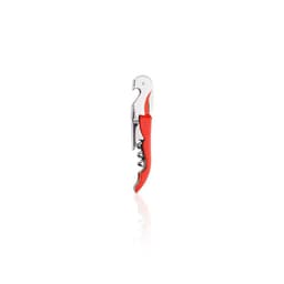 A metal wine opener with a shiny silver finish and a vibrant red handle, featuring a branding logo.
