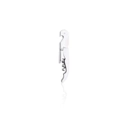 A silver metal wine opener with a corkscrew design and a handle. It features a logo on the side.