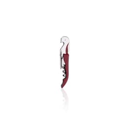 A metal wine opener in silver and burgundy, featuring a corkscrew and a hinged lever for easy bottle opening.