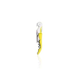 A metal wine opener with a sleek silver finish and a bright yellow handle, featuring a logo.