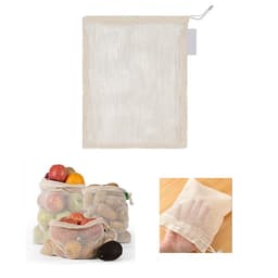 Reusable mesh produce bags with drawstring, available in cream colour, showcasing multiple bags with fruits inside.