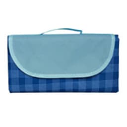 A blue and aqua picnic blanket with a handle, featuring a checkered pattern and a flap closure.