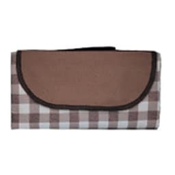 A brown and white checkered picnic blanket, folded and secured with a brown flap. It features a logo on one side.