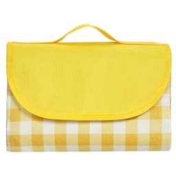 A checkered picnic blanket in yellow and white, neatly folded with a yellow handle on top. It has a logo on the front.