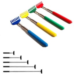 A set of four retractable back scratchers with colourful handles in blue, green, yellow, and red.