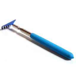 A retractable back scratcher with a blue handle and a blue scraping end, featuring a metallic extendable shaft.