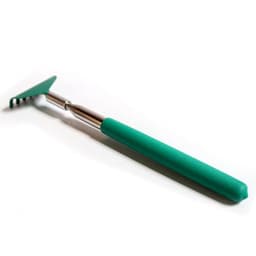 A retractable back scratcher with a green rubber grip and a metal handle, featuring a claw-like scratching end.