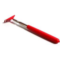 A red retractable back scratcher with a silver handle and a curved scratching end. It has a simple logo on the handle.