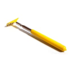 A retractable back scratcher with a yellow handle and a silver metal extendable arm, featuring a claw-like end.