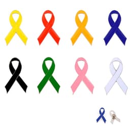 A collection of ribbon metal lapel pins in yellow, red, orange, blue, black, green, pink, and white.