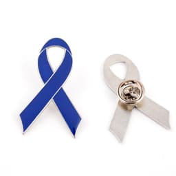 A blue and silver ribbon metal lapel pin with a backing for attachment. The blue pin features an enamel finish.