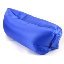 A blue portable inflatable air lounger sofa, featuring a sleek, streamlined design and a logo on the side.