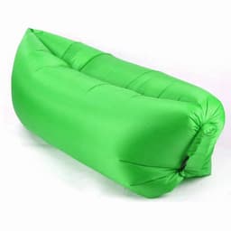 A green portable inflatable air lounger sofa with a streamlined design and a branded logo.