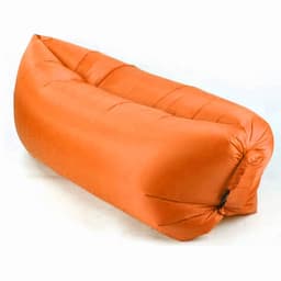 An orange portable inflatable air lounger sofa with a sleek design and a logo on the side.