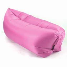 A pink portable inflatable air lounger sofa with a smooth surface and a stylish design. It has a logo on the side.