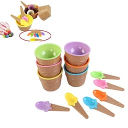 An ice cream bowl with spoon set featuring pastel-coloured bowls and variously coloured spoons, with a texture resembling ice cream cones.