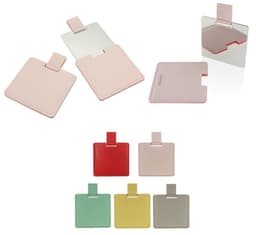 A portable makeup mirror in various colours: pink, red, beige, green, and yellow, featuring a sleek, compact design.