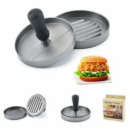 A grey hamburger patty press maker with a handle, featuring two pieces: a flat base and a textured press.